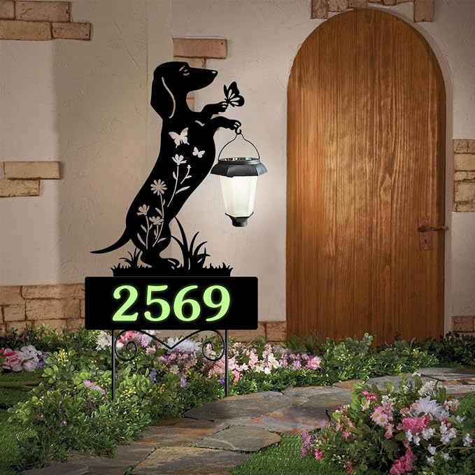 Solar House Numbers for Outside,Dachshund Address Signs for Houses Yard | Metal Dog Glow in The Dark Decorative Outdoor Ornaments for Garden Stakes,Lawn,Pathway,Patio