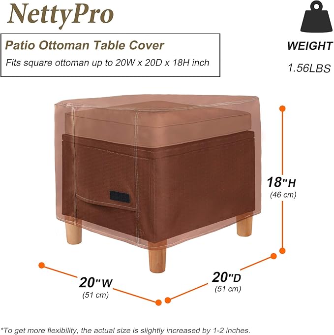 NettyPro Waterproof Ottoman Cover Square 20 x 20 Inch Outdoor Patio Furniture Ottoman Table Cover, Brown