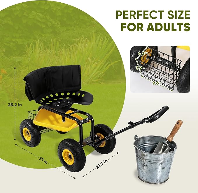 Sekey Garden Cart Rolling Workseat with Backsupport & 360° Swivel Seat, Heavy Duty Garden Scooter with Adjustable Height, Tool Tray, All-Terrain Wheels, 440 lbs Capacity for Seniors & Gardeners