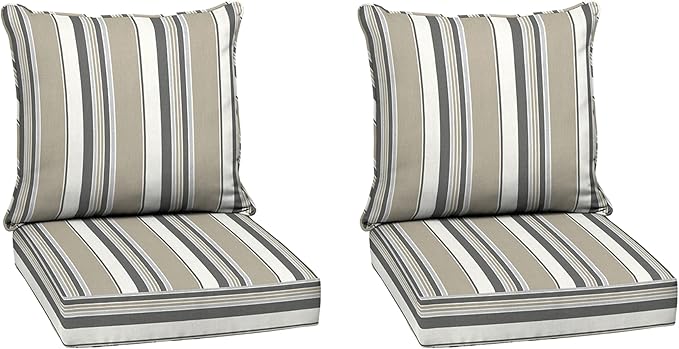 Arden earthFIBER Outdoor Deep Seat Cushion Set (2-Pack), 24 in x 24 in, Weather-Proof, Rain-Proof, Fade Resistant Patio Cushion for Chair, Sofa, and Couch Taupe Grey Boardwalk Stripe