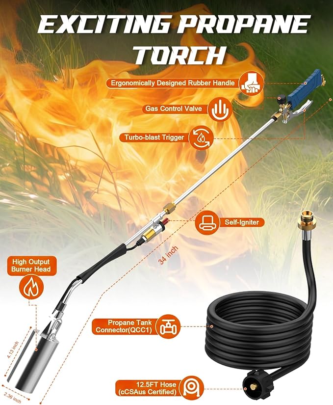 Propane Torch Weed Burner Kit, High Output with Long/Short Mode,11.5FT Hose Heavy Duty Blow Torch Flamethrower with Self Igniter and Turbo Trigger for Weeding, Roofing, Melting Ice, BBQ (Blue)