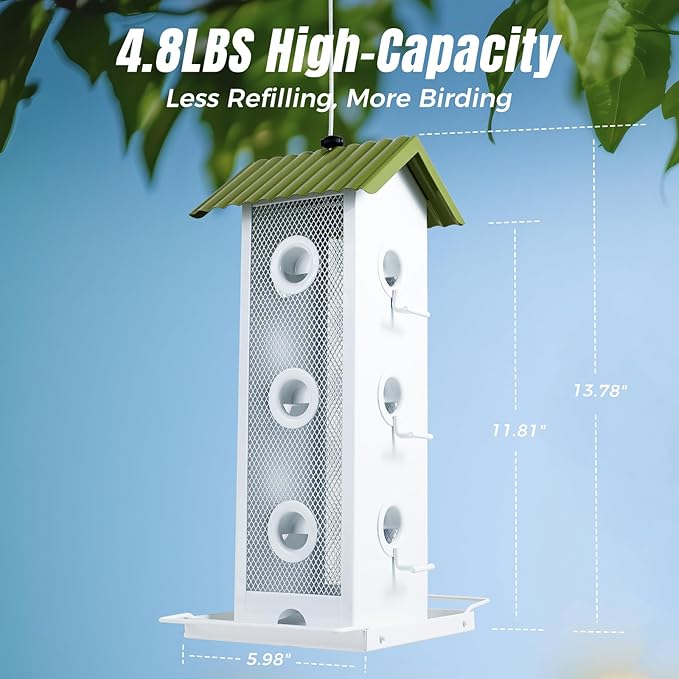 All Metal Bird Feeder for Outdoors Hanging | 14-Port Multi-Bird Viewing | Premium Finish, Waterproof & Easy-Clean | Attracts Cardinals, Finches, Chickadees & More (Crisp White & Green)