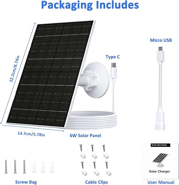 FUTUREZEN 6W Solar Panel for Arlo Camera, Solar Charger Compatible with Arlo Essential 2K (2nd Gen), Essential XL & Spotlight Cameras, USB C & Micro USB Plug, IP66 Waterproof, 9.8ft Cable