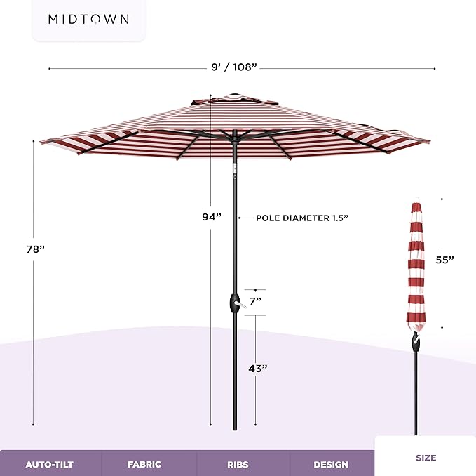 MIDTOWN UMBRELLAS The Lean 9 Feet Outdoor Umbrella With Terylast Red Stripes (Red/White Stripes) Polyester Fabric - 8 Ribs Aluminum Frame Patio Umbrella With Zinc Alloy Crank Lift And Auto-Tilt System