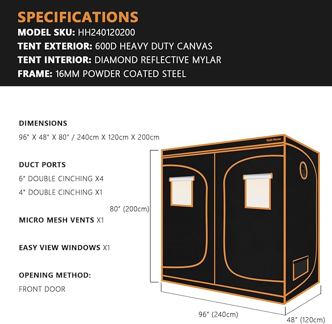 8x4 Grow Tent Kit (96"x48"x80") - Heavy-Duty 600D Diamond Mylar Lining, 98% Reflective, Viewing Window & Waterproof Floor Tray for Hydroponics Indoor Growing