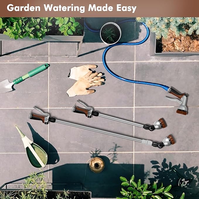 RESTMO 36”-60” Metal Watering Wand, Long Telescopic Tube | 180° Adjustable Ratcheting Head | 7 Spray Patterns | Flow Control, Perfect Garden Hose Sprayer to Water Hanging Baskets, Shrubs, Brown