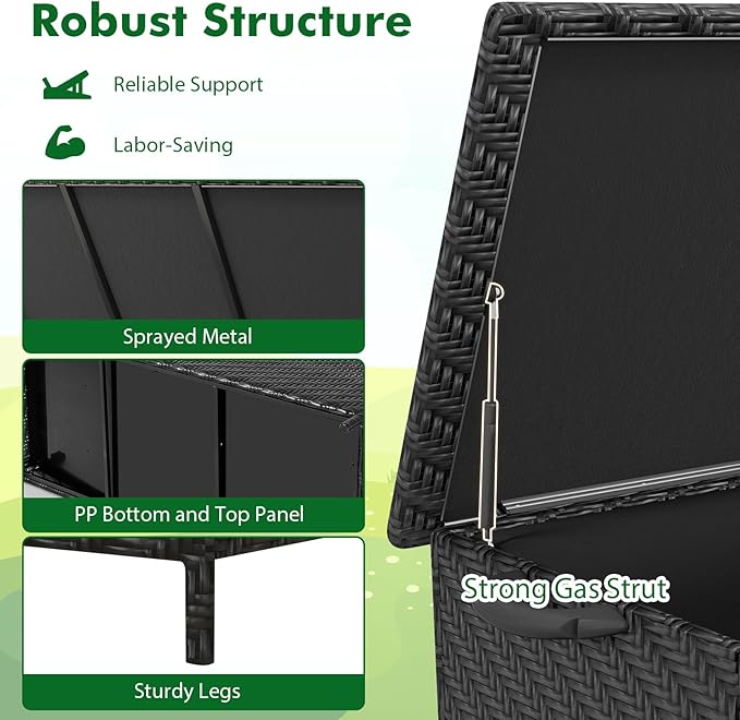Tangkula Tightly-Woven Rattan Deck Box, Patiojoy Storage Cabinet Container with Polyester Liner, Universal Wheels & Gas Strut, 85 Gallon Indoor Outdoor Storage Box for Pillows, Cushions (Black)