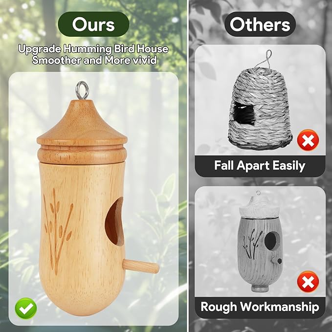 Hummingbird House, Small Hummingbird Houses for Outside, Wooden Bird House with Bow, String, Cute Gardening Gifts Home Decoration