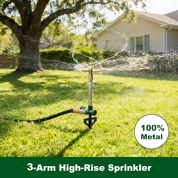 FANHAO 2 Pack Metal Lawn Sprinklers with Adjustable Telescoping Base, 3-Arm Water Sprinkler 360 Degree Rotation High-Rise Sprinkler for Large Area Coverage, Garden Watering Irrigation Sprinkler System