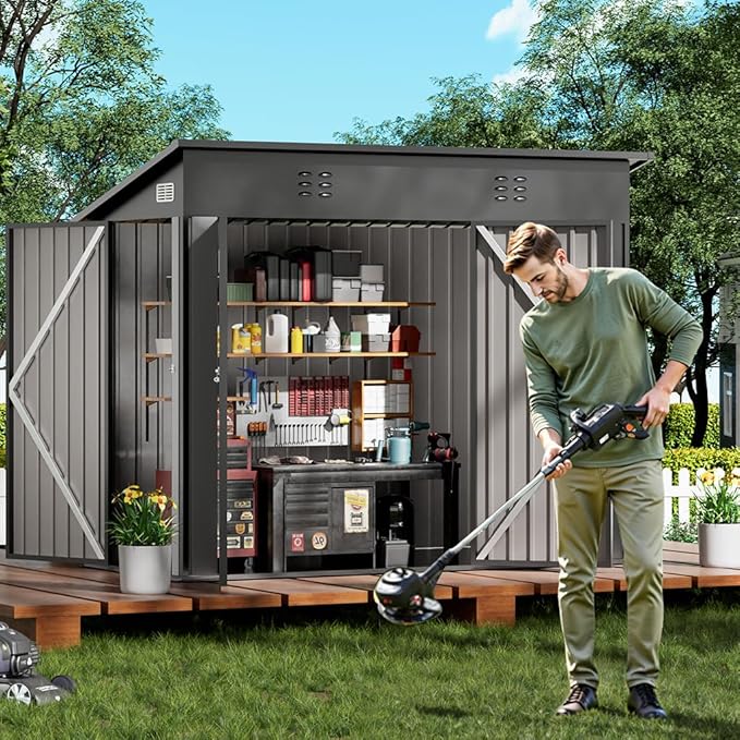COMHOMA Shed Outdoor Storage Shed Metal,Lockable Doors Tool Sheds with Sloping Roof,Steel Garden Shed with Air Vent for Backyard,Patio,Lawn,Poolside(Grey,8'*4')