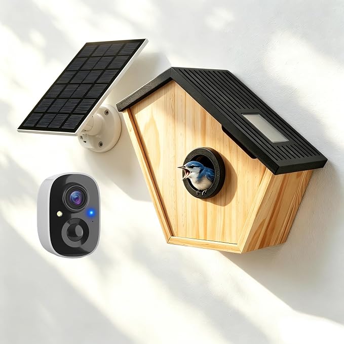 Smart Bird House with Camera,2K HD Bluebird House with Camera Solar Powered,Bird Watch Nesting and Hatching,Night Vision,2.4G WiFi & App Notification,Wooden Weatherproof Birdhouse with Camera Inside