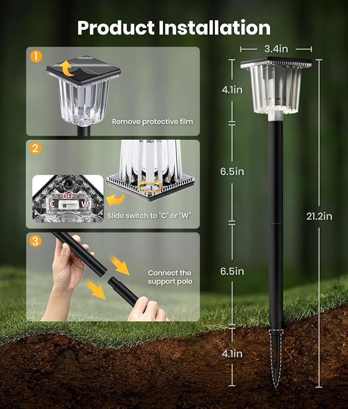 12-Pack Super Bright Solar Pathway Lights Outdoor Powered,Adjustable Warm&Cool White,Waterproof IP65 Solar Garden Decor Landscape Lighting Outside for Front Yard/Patio/Walkway/Driveway/Lawn/Path Light