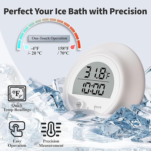 Silicone Cover Cold Plunge Thermometer with Timer, Waterproof Floating Water Thermometer for Ice Bath, Works with Ice Bath Tub Hot Tub Accurate Recovery(White)