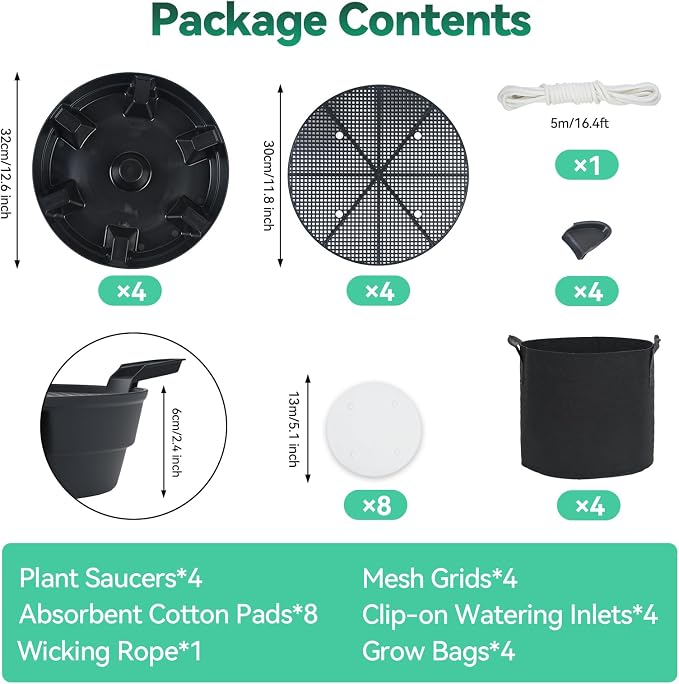 OTraki 4 Pack Self Watering Fabric Pot Base with 5 Gallon Grow Bag | Auto Watering System for 5 Gallon Fabric Pots, Planter Fabric Plant Grow Bag, for Garden Indoor Outdoor Greenhouse