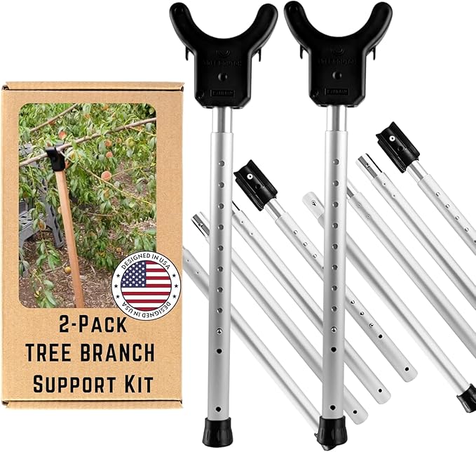 Adjustable Aluminum Tree Support Pole with Branch Crutch – Prevents Fruit Tree Branch Breakage – Holds Up to 100 lbs – Adjusts to 16”-74” for Leaning Trees (2-Pack)