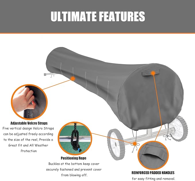 16FT Pool Solar Reel Cover, 600D Oxford, 9-Strap Windproof UV Storage Cover | Protects pool solar reel from UV, rain & dust; reduces outdoor wear; easy one-person setup with adjustable strap system
