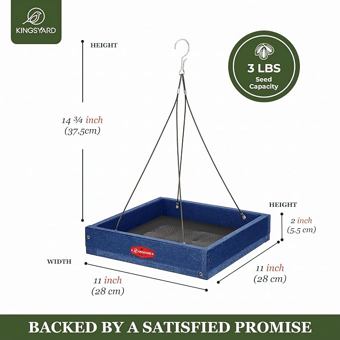Kingsyard WPC Composite Platform Bird Feeder for Outside, Heavy Duty Hanging Tray for Mealworms & Seeds, 3.5 lbs Large Capacity, Weatherproof Recycled Plastic Material, Easy to Clean, Blue | Recycled Poly Lumber, Weatherproof, 11x11 Tray, Holds up to 3...
