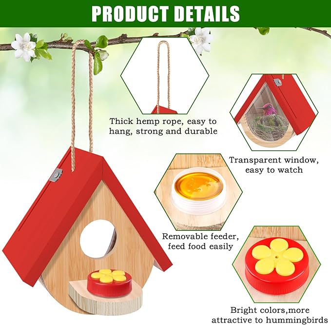2 Pack Hummingbird Houses with Feeder, Wooden Hanging Bird House Outside, Window Birdhouse for Viewing Inside with Hemp Ropes for Bluebird Finch Chickadee Nesting