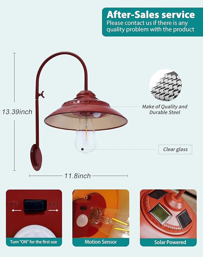 Goodeco Solar Barn Lights Outdoor - Warm White Outdoor Wall Lights with Motion Sensor & Clear Glass LED Edison Bulbs, No Wiring, Ideal Gifts for Patio Porch Deck & More, Red (2 Pack)