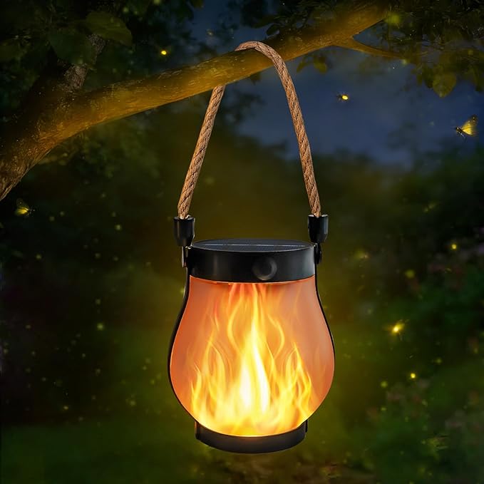 1 Pack Gen2 Solar Lights Outdoor Waterproof, Solar Lantern with Dancing Flame, 2 Lighting Modes, Dual Charging USB & Solar Powered, with Hanging Rope Handle for Patio Yard Garden Tree Tabletop Decor