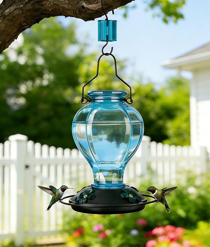 Glass Hummingbird Feeders for Outdoors Hanging, 24oz Wild Bird Nectar Feeder with Ant Moat and 360° Perch, Bee-Resistant Ports,Outside Garden Decor,Colorful Gifts for Women Mom, 1 Pack, Blue