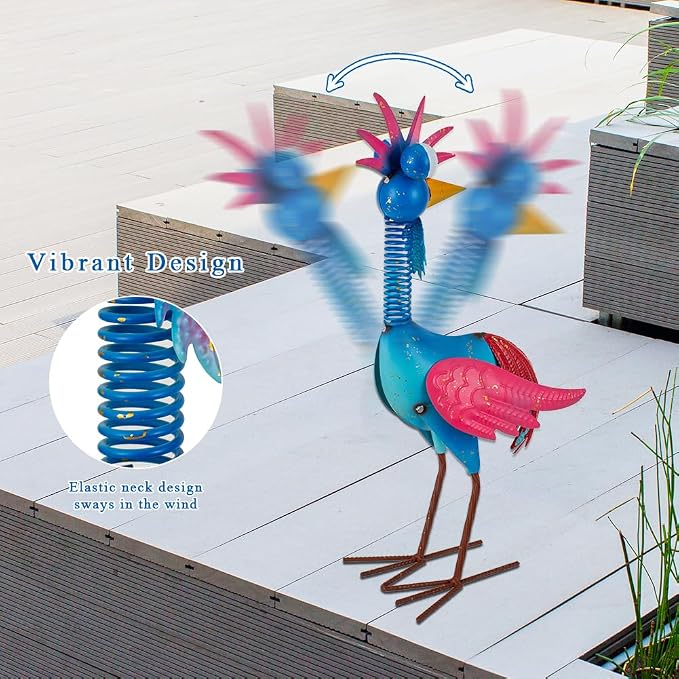 Metal Wacky Rooster Garden Statue, Rooster Decor Yard Statue Decorations Outdoor, Chicken Yard Art for Outside, Patio, Backyard, Lawn (Blue & Pink)