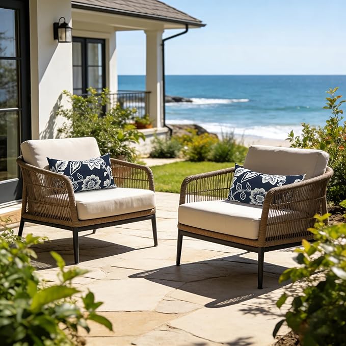 LVTXIII Outdoor/Indoor Lumbar Pillows, Decorative Patio Lumbar Cushions, Fluffy Water Repellent Garden Cushions for Home Patio Coach Sofa Use, 12×20 Inch, Pack of 2, Elegant Vines Navy