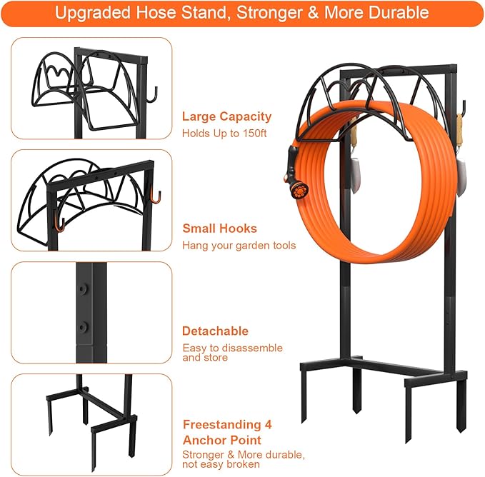 VyGrow Garden Hose Holder, Freestanding Heavy Duty Water Hose Holder for Outside, Upgraded Metal Hose Stand with 4 Spikes, Detachable Garden Hose Storage Hose Reel Rack, Black