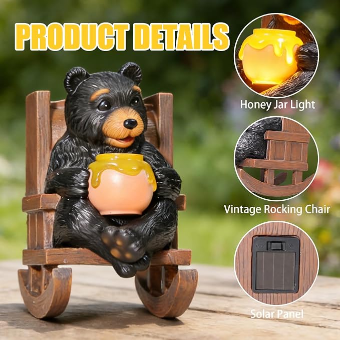 Sheaifun Solar Garden Statues Black Bear Decor Resin Bear Statues Outdoor with Solar Light Animal Figurine for Outside Yard Lawn and Patio Decorations Gardening Gifts for Women 3.5x5.5x6.25 Inch