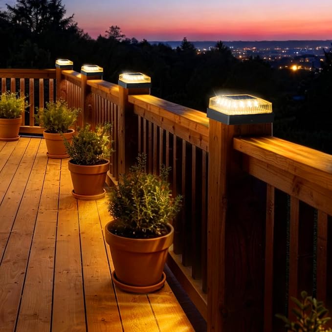 Solar Post Cap Lights, 2-Pack Fence Post Solar Lights for 4x4 Wood/Vinyl Posts, IP65 Waterproof, 10-12 Hours of Illumination with 3 Lighting Modes for Garden/Patio/Porch -Black