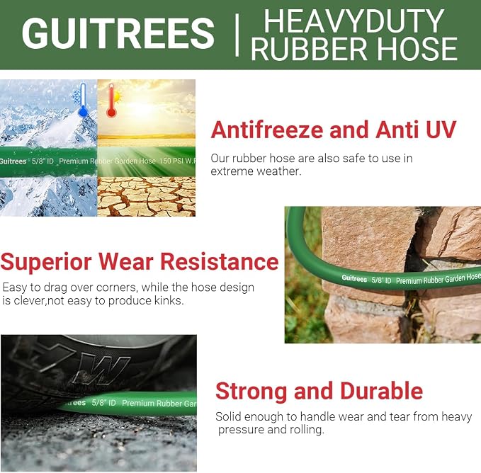 Guitrees 100FT 5/8 Heavy Duty Rubber Garden Hose - 300psi Working, 1000psi Burst - Hot/Cold Water - Five-Layered Braiding for Durability - Versatile for Gardening, Agriculture, Construction(Green)