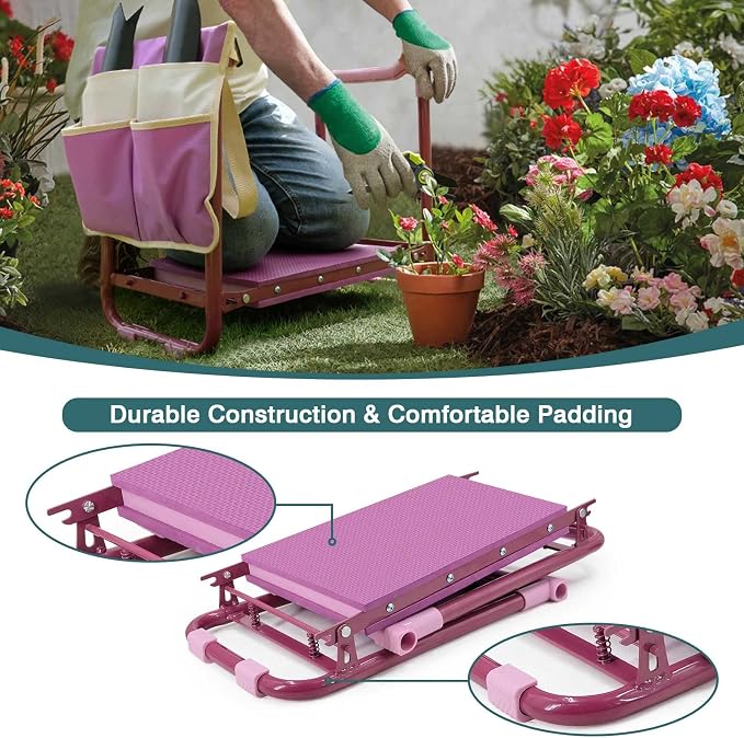 Foldable Garden Kneeler and Seat – 2-in-1 Gardening Stool with a Tool Storage Pouch, Lightweight and Portable for Elderly, Outdoor, Lawn Care