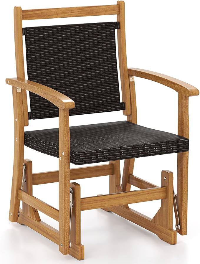 Tangkula Patio Rattan Glider Chair, Swing Gliding Rocker w/Acacia Wood Frame & Wicker Seat Back, Outdoor Rocking Armchair w/Curved Armrests for Porch, Backyard, Poolside (1 Seat)