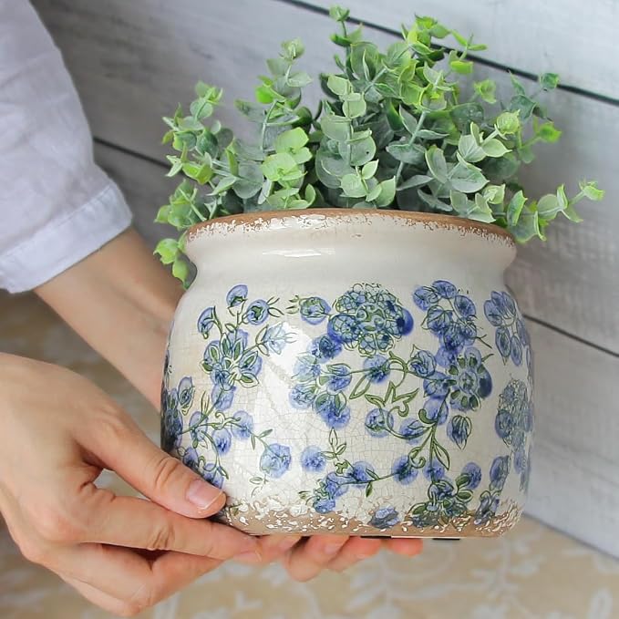 Ceramic Planters Spring Decor, 6.29in Country Cottage Plant Pots with Drainage Hole for Indoor Plants & Succulent, Vintage Crackle Glaze Finish Flower Vase, Home Decor Gifts, Deep Blue Floral