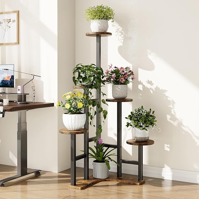 Yzosvki Corner Plant Stand Indoor with Grow Lights, 6 Tiered Corner Plant Shelf Flower Stand for Multiple Plants, Plant Shelves Organizer Rack for Living Room, Balcony, Patio, Round Rustic Brown