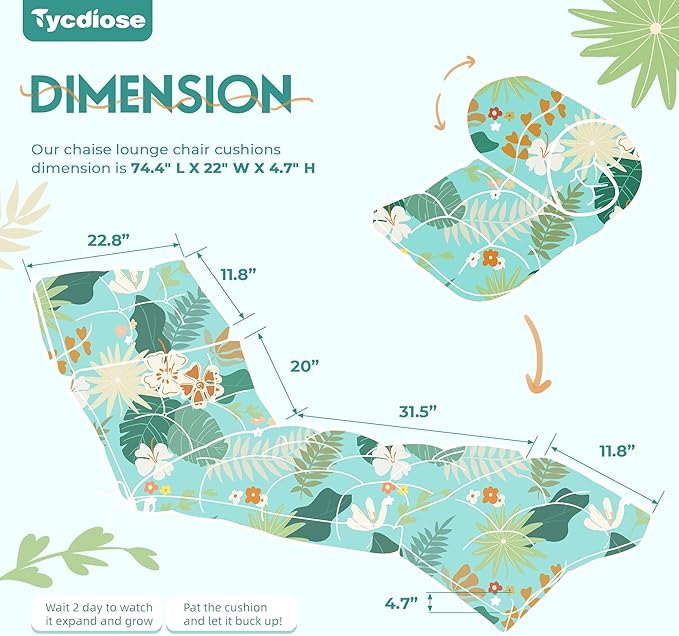 Outdoor Chaise Lounge Chair Cushion Set of 4, Waterproof 74.4 x 22 x 4.7 Inches Memory Foam Thickened Lounge Chair Cushions Replacement for Outdoor Furniture with Ties, Cyan Floral Leaf