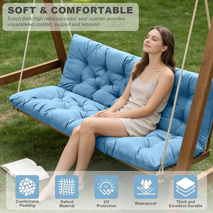 Porch Swing Cushions,Outdoor Cushions 3 Seater Replacement with Backrest, Waterproof Thickened Bench Cushion with Ties for Porch, Patio,Outdoor, Backyard and Garden (Sky Blue 60 * 40 in)
