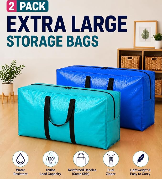 Extra Large Storage Bags, Jumbo Moving Tent Storage Bags, Waterproof Foldable Big Black XL Duffle Bag for Travel, 38x23x11inch - 2PACK