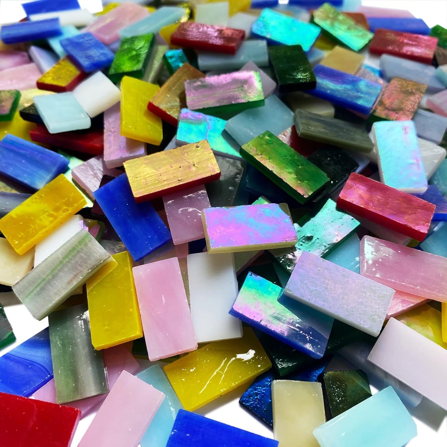 Rectangle Iridescent Glass Mosaic Tiles, 320 Pieces Colorful Stained Glass Supplies for Crafts, Rainbow Mosaic Glass Pieces for Adults