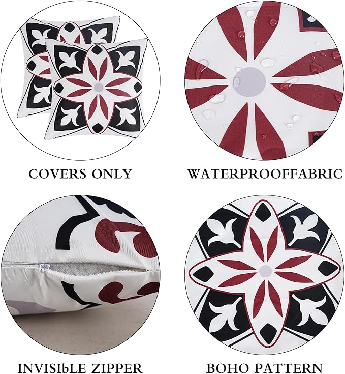 Pyonic Black White Gray Outdoor Pillows Waterproof Throw Pillow Covers Set of 4 Floral Printed and Boho Farmhouse Outdoor Pillow Covers for Patio Funiture Garden 18x18 Inch