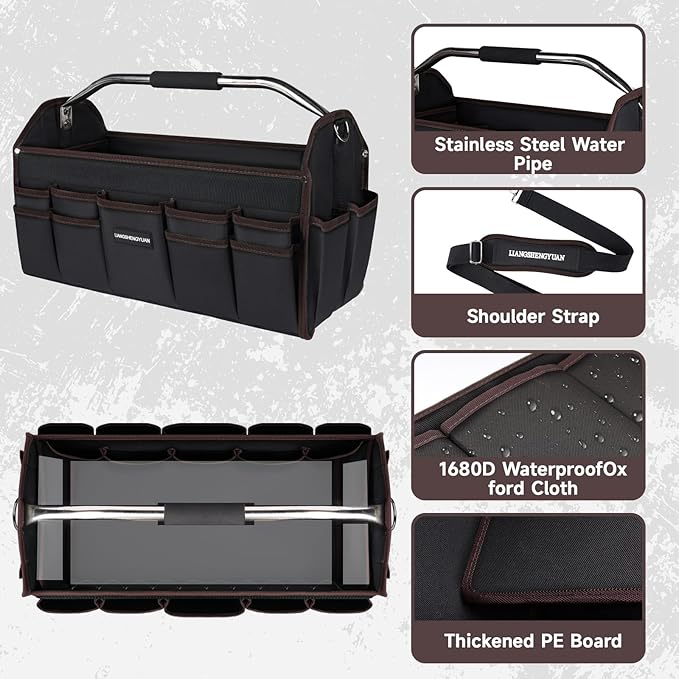 22 In Tool Carrier, Open Top Tool Tote 30 Pockets, Waterproof Tool Bag For Men, Foldable Wide Mouth Electricians Tool Bag, With Stainless Steel Handle and Removable Shoulder Strap