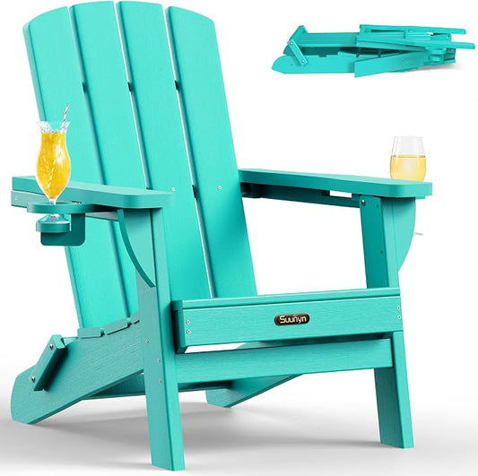 Folding Adirondack Chair, HDPE Adirondack Chairs with 2 Cup Holder, Plastic All-Weather Fire Pit Chairs, Outdoor Lawn Chair for Patio Garden (Lake Blue)