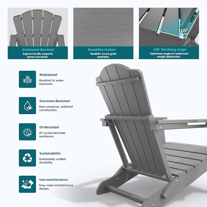THOEOE Folding Adirondack Chair Set of 8, HDPE All-Weather Outdoor Chair with Cup Holder, Wooden Textured, Fire Pit Chair, Plastic Patio Chair for Deck, Backyard, Garden, Lawn, Grey