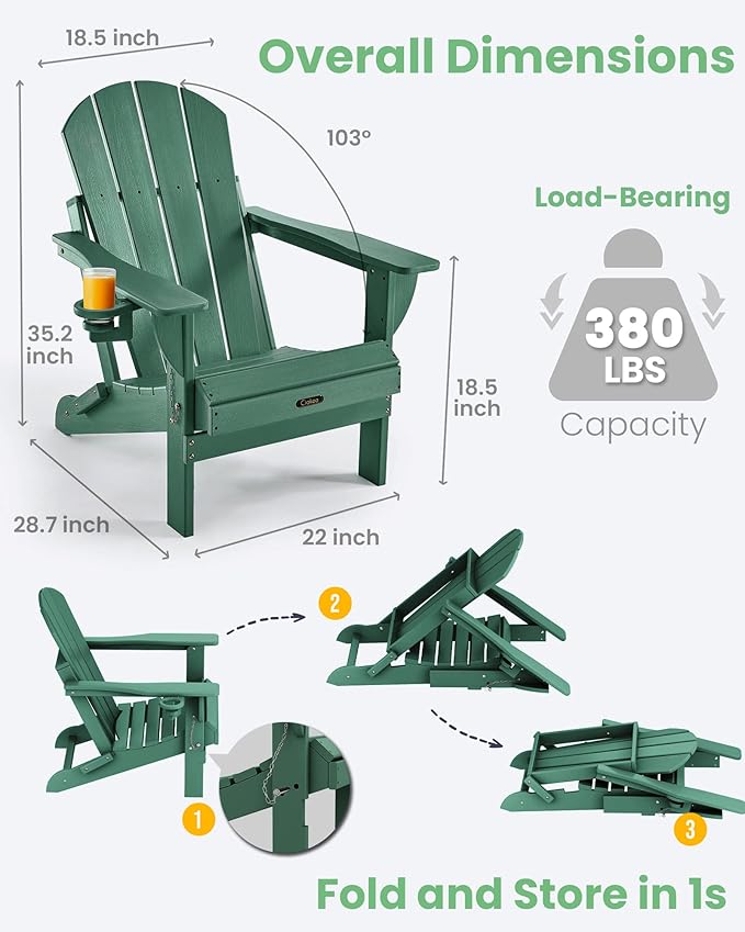 Ciokea Folding Adirondack Chair 4 Pack, Patio Adirondack Chair Weather Resistant, Plastic Fire Pit Chair with Cup Holder, Lawn Chair for Outdoor Porch Garden Backyard Deck (Green)