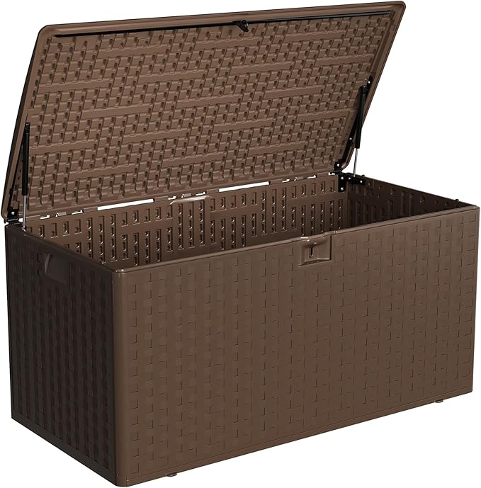100 gal Outdoor Storage Box with Support Rod, Large Lockable Storage Container for Patio, Waterproof Storage Bin for Garden, Cushions, Tools,Brown