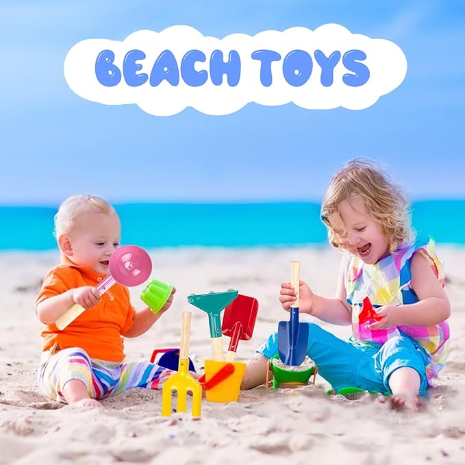 Beach Toys, 5 Pcs Kids Garden Tools, 8'' Children Beach Sand Toys Gardening Set with Sturdy Wooden Handle, Safe Kids Metal Beach Shovel with Spoon, Fork, Rake, Flat Shovel & Pointed Shovel