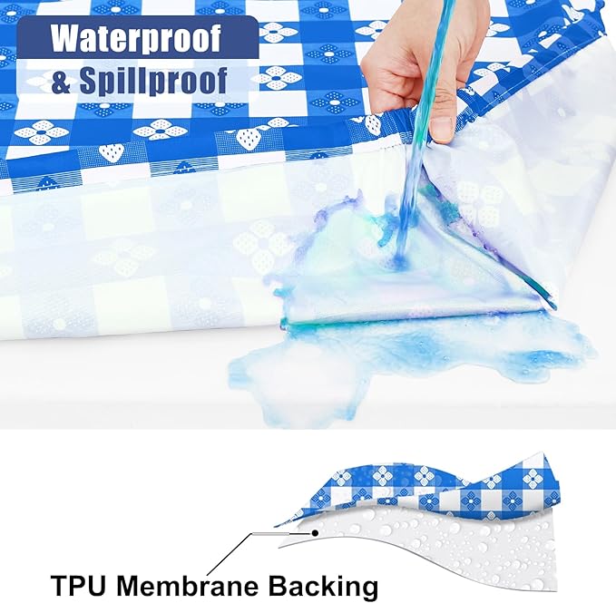 Smiry Picnic Table Cover with Bench Covers, Waterproof Elastic Fitted Tablecloth for 8 Foot Tables, Washable Polyester Tablecloths for Camping, Indoor & Outdoor (Blue & White, 30x96 Inch 3-pc Set)