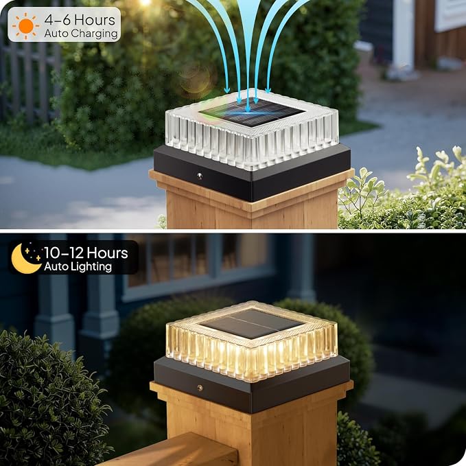 Solar Post Cap Lights: 12 Pack Fence Post Lights Outdoor 3000K with Clear Lampshade for 4×4/3.5×3.5 Wooden/Vinyl Posts, IP65 Waterproof 10-12H Lasting for Backyard Deck Patio