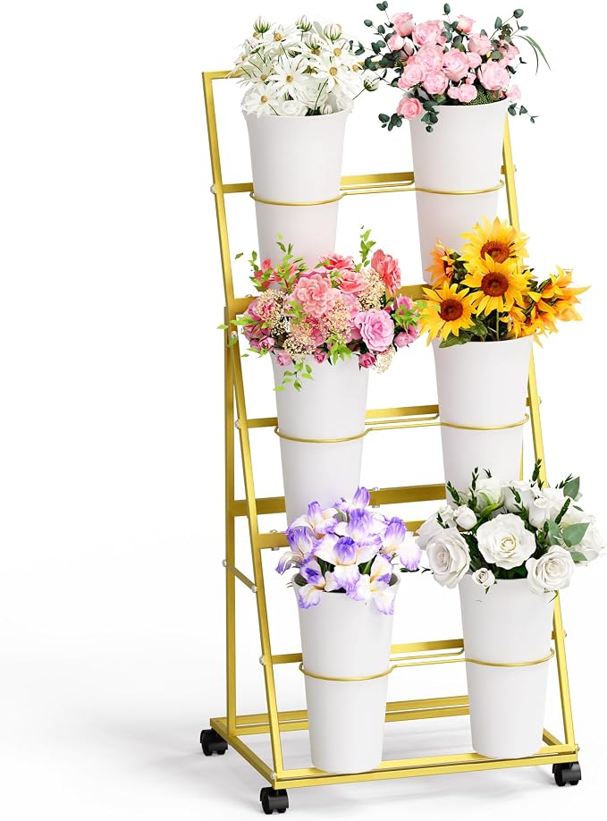 Invech Flower Display Stand with 6 Buckets, 3 Tier Gold Flower Cart Display Stand for Indoor Outdoor Garden, Wedding, Florist
