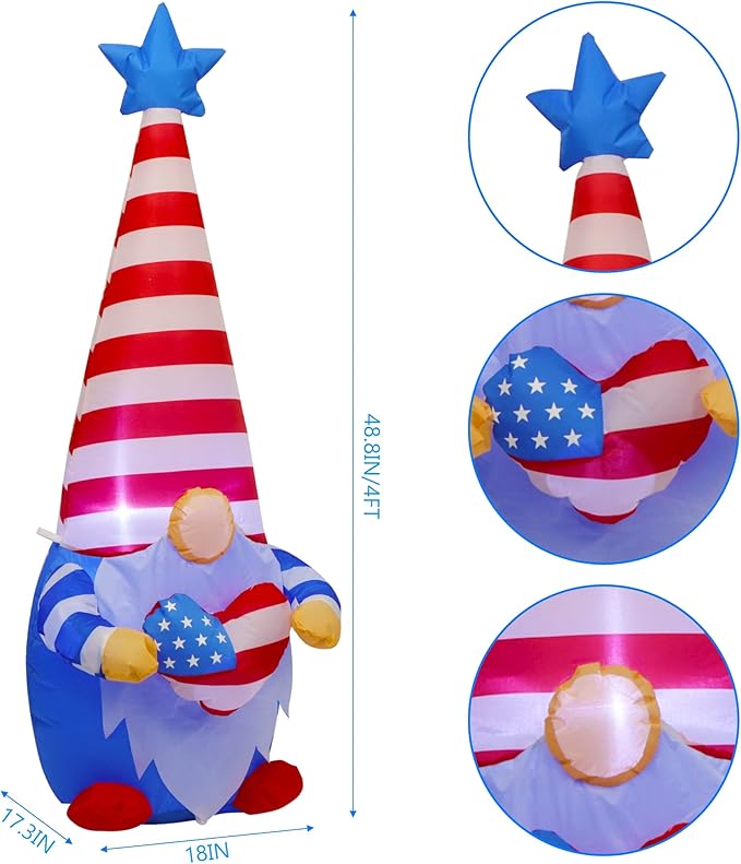 Juegoal Patriotic Independence Day Inflatable, 4FT Blow Up Gnome, 4th of July Outdoor American Uncle Sam, Lighted Tomte Elf with Top Hat for Lawn Yard Home Veterans Day Celebration Garden Decor